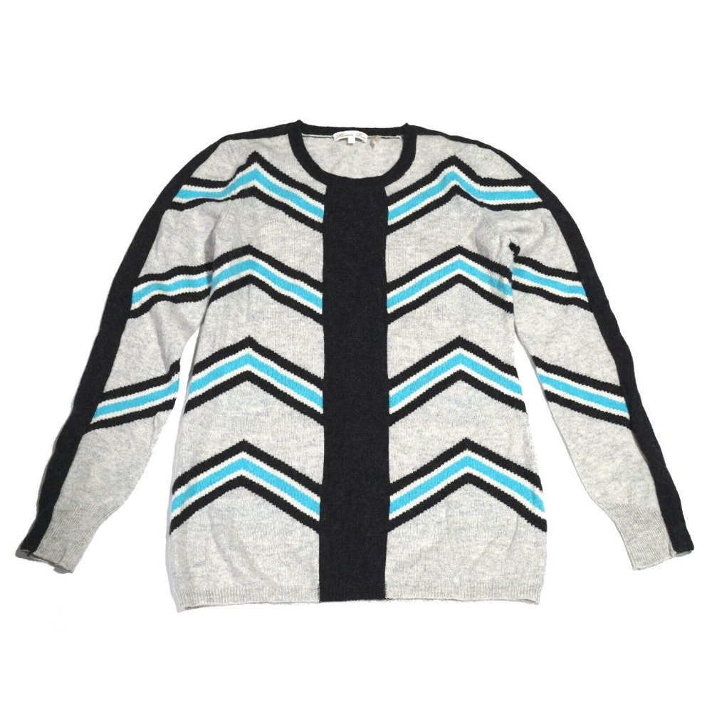 Minnie Rose Cashmere Sweater Gray/Black/Blue Geometric Pattern